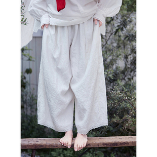 文艺复古民艺风亚麻直筒裤女夏盈月白拼蕾丝宽松显瘦百搭休闲长裤