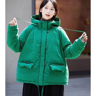 文艺绿色减龄冬新中式95白鸭绒宽松保暖短款女羽绒服文艺百搭外套