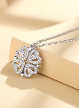 S925纯银爱心四叶草项链女花朵满钻轻奢风锁骨链一款两戴首饰