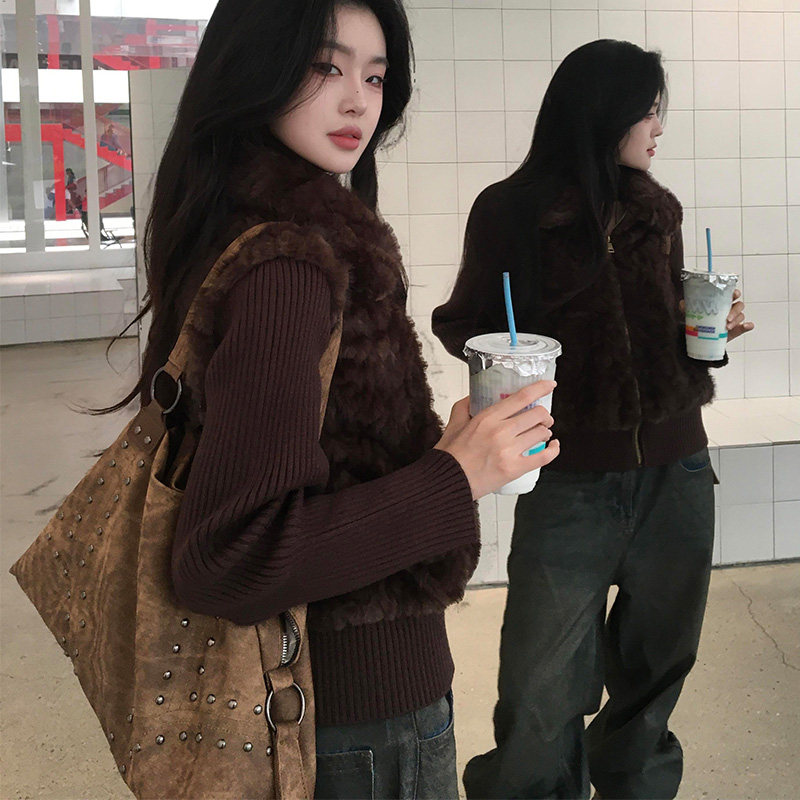 网红秋冬款韩系穿搭假两件针织拼接毛茸茸短外套女时尚小个子保暖,女装/女士精品,短外套,淘宝优惠券,粉丝福利购,淘宝优惠卷