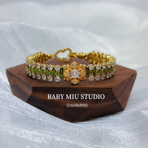 超闪橄榄绿四叶花葫芦手链原创