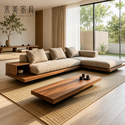 宋式美学黑胡桃实木L型转角沙发