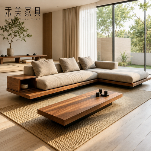 宋式美学黑胡桃实木L型转角沙发