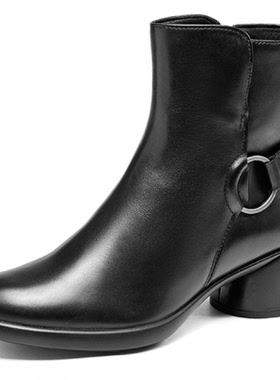 ECCO爱步靴子女 2025秋冬新款粗跟增高复古短靴 雕塑奢华222513