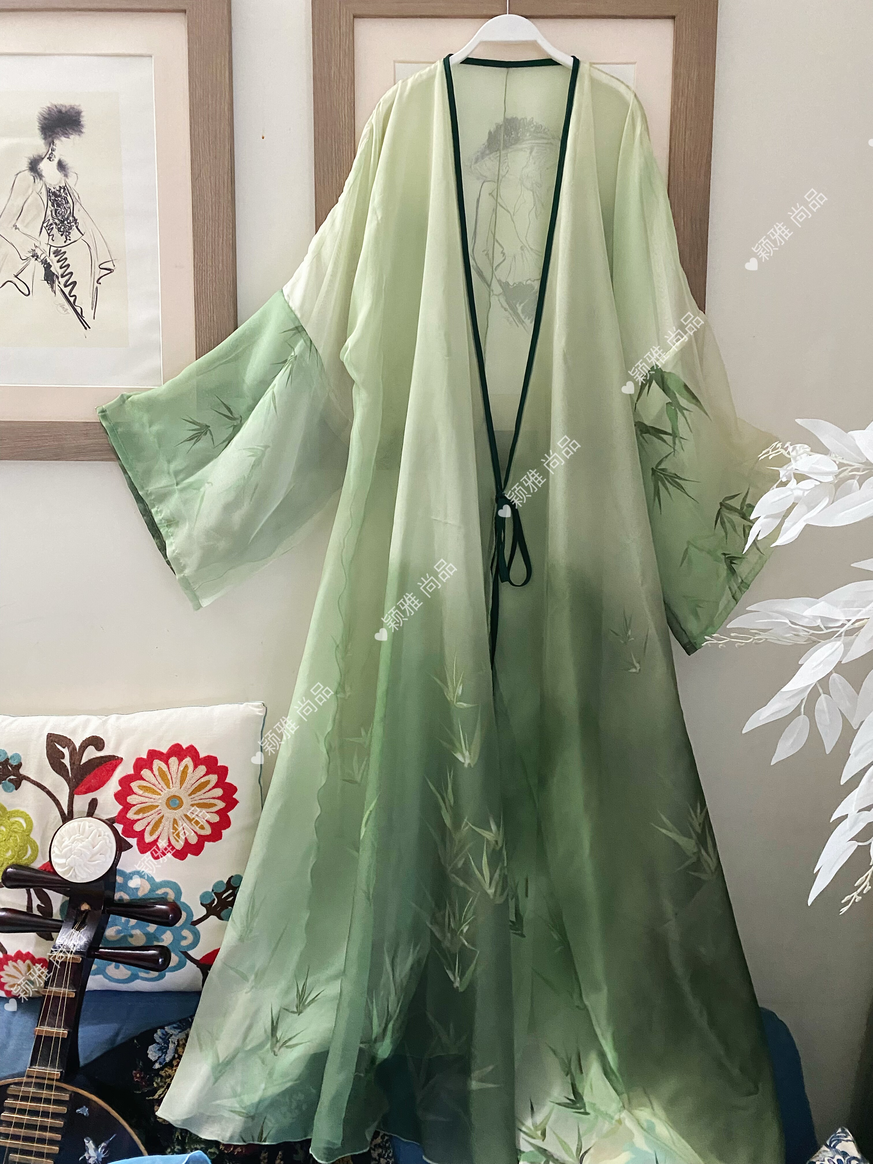 印花阔袖飘逸纱衣汉服外披开衫
