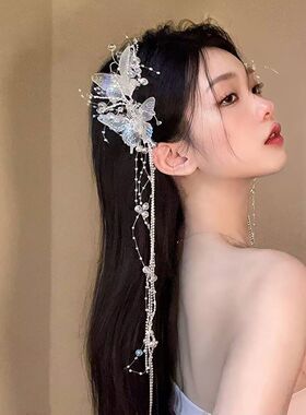 超仙透明白色灵动蝴蝶流苏抓夹女森系发夹双马尾拍照发饰头饰
