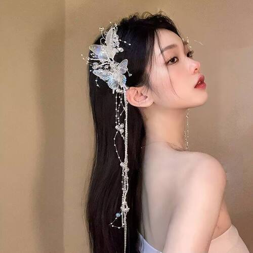 超仙透明白色灵动蝴蝶流苏发夹
