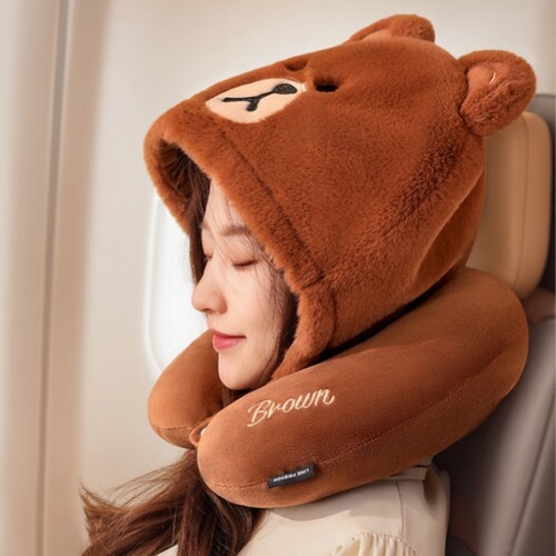 LINE FRIENDS正版布朗熊毛绒午睡u形枕旅行靠枕颈枕帽子u型护脖枕