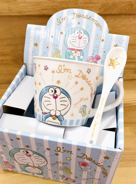 Doraemon日本正版哆啦A梦小叮当机器猫陶瓷水杯子咖啡马克杯勺子