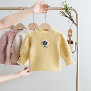 儿童装女童中领加绒加厚打底衫秋冬装婴儿衣服女宝宝螺纹长袖T恤