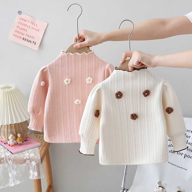 半高领公主长袖撞色花朵打底衫