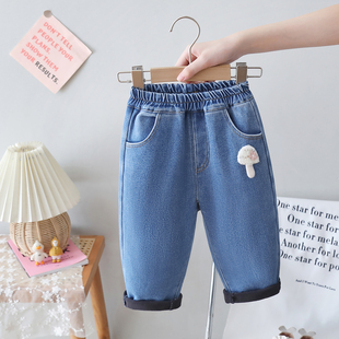 子婴儿女宝宝棉裤 童装 儿童休闲裤 女童加绒加厚蘑菇牛仔裤 洋气 冬装