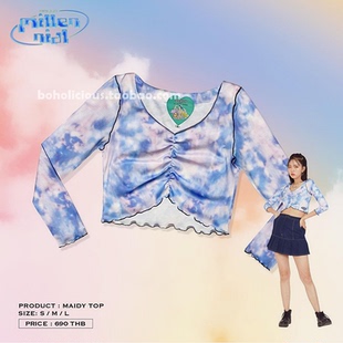 泰国本土网红品牌DaddyMuscleAcademy晕染V领辣妹风短款七分袖T恤