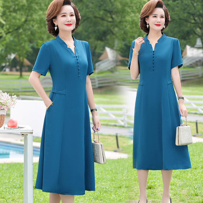 短袖提花休闲大码妈妈连衣裙