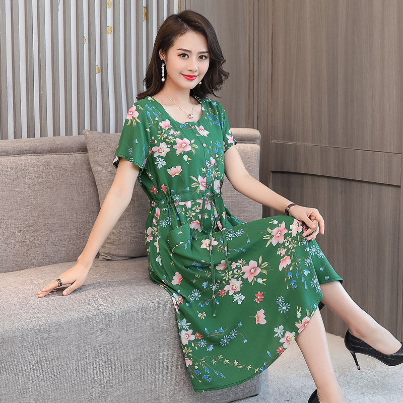 2018新款中老年女装连衣裙夏短袖 40-50岁妈妈装棉绸大码裙子显瘦