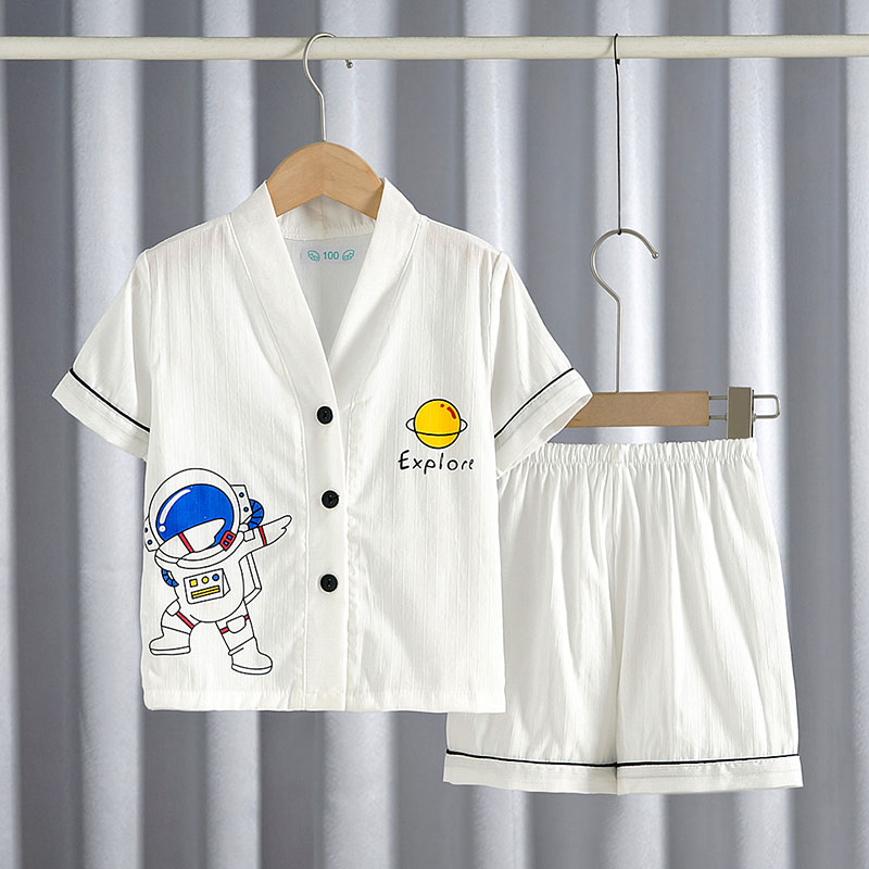 夏季儿童空调服棉纱家居服 薄睡衣V领儿童睡衣男生短袖短裤套装