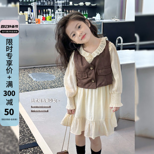 童装 女童连衣裙2024春装 新款 韩版 马甲外套洋气儿童公主裙子两件套