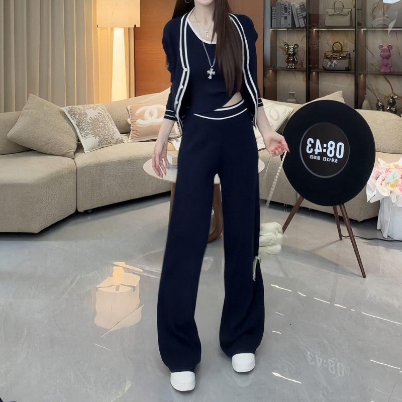 29494 少女感气质辣妹背心针织开衫阔腿长裤2026春秋新款时尚套装