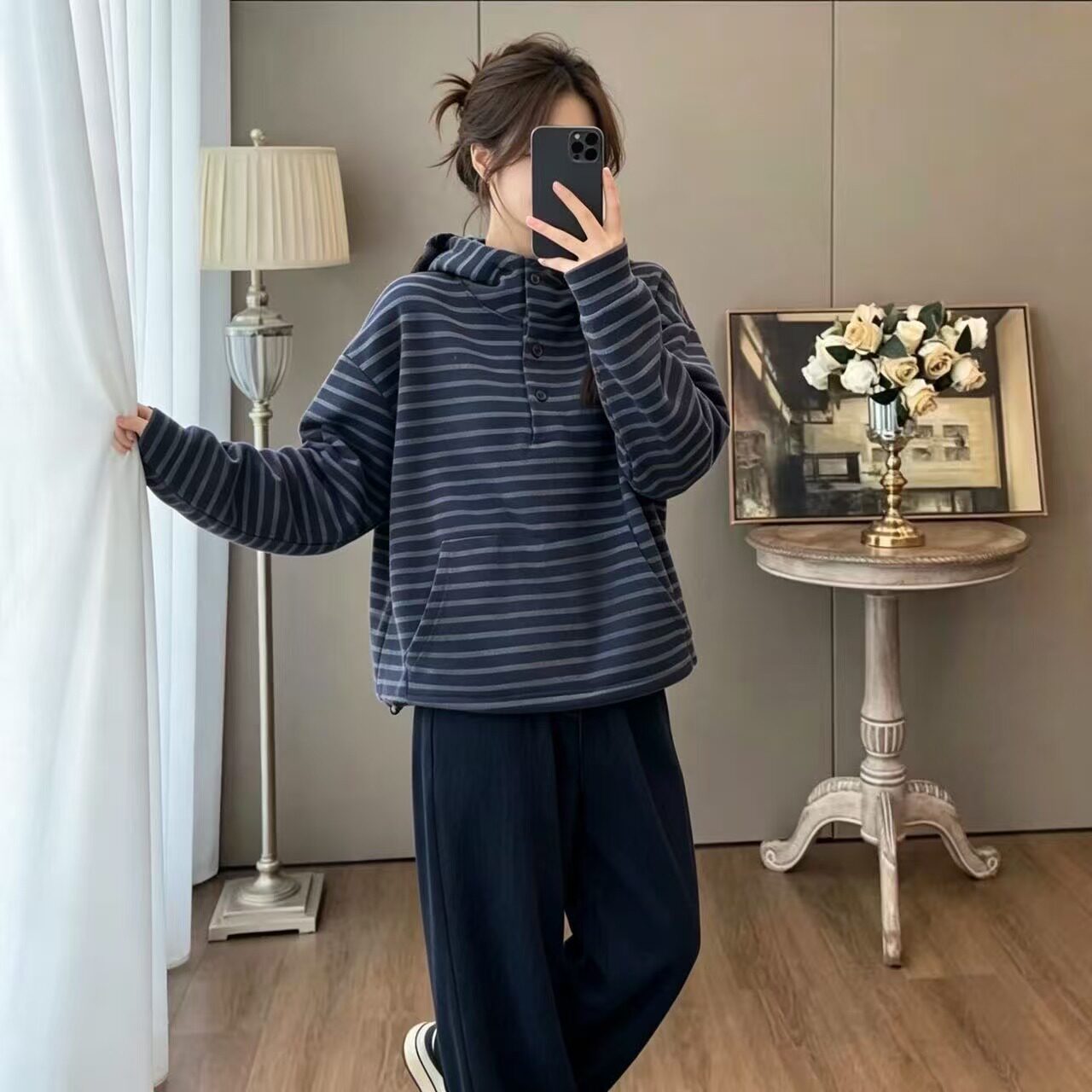 2118韩系设计连帽拼色条纹套头加绒卫衣新款胖MM遮肉显瘦洋气上衣
