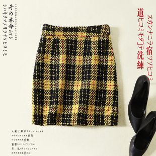毛呢半身裙冬春韩版女装新款高腰收腰显瘦包臀裙 A字短裙格子包裙