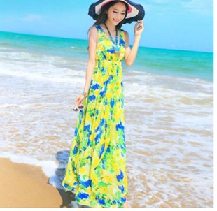 宽松款夏连衣裙波西米亚沙滩裙长裙花色雪纺海滩裙度假长裙