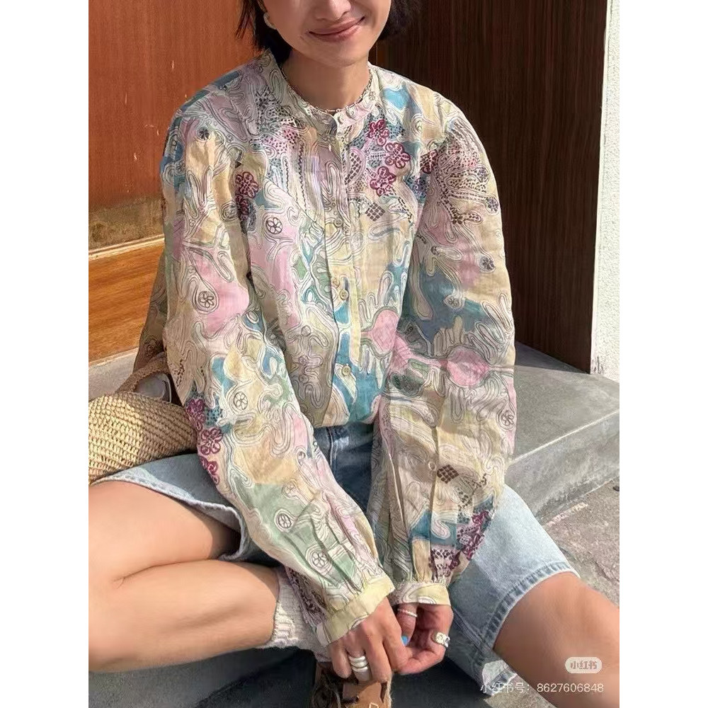 法式泡泡袖印花衬衫蚕丝棉混纺轻盈飘逸 复古宽松立领灯笼袖上衣