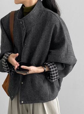 元丹韩系复古40羊毛立领呢外套女灰色格子拼接宽松毛呢上衣