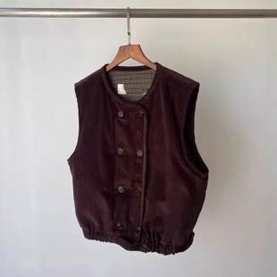 棕色马甲25年冬季 复古灯芯绒双排扣女休闲背心棉外套 新款