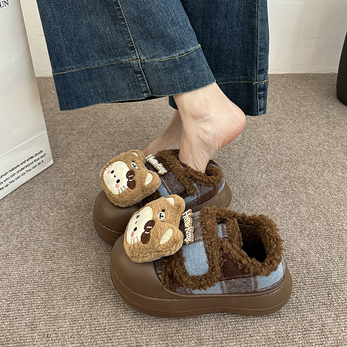 复古卡通可爱猫咪毛毛鞋女2025秋冬新款踩屎感平底防滑棉拖鞋