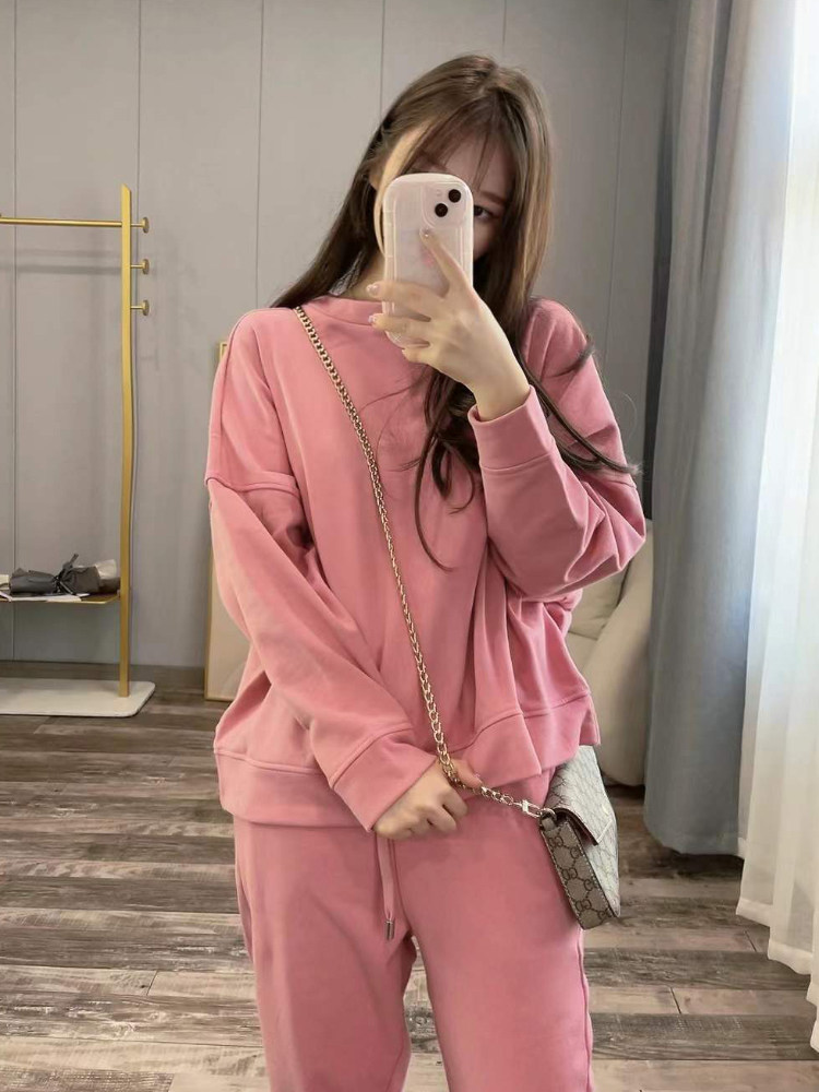 봄과 가을 유럽과 미국의 하이 엔드 캐주얼 정장 단색 간단한 라운드 넥 박쥐 소매 느슨한 스웨터 스커트 바지 여성용