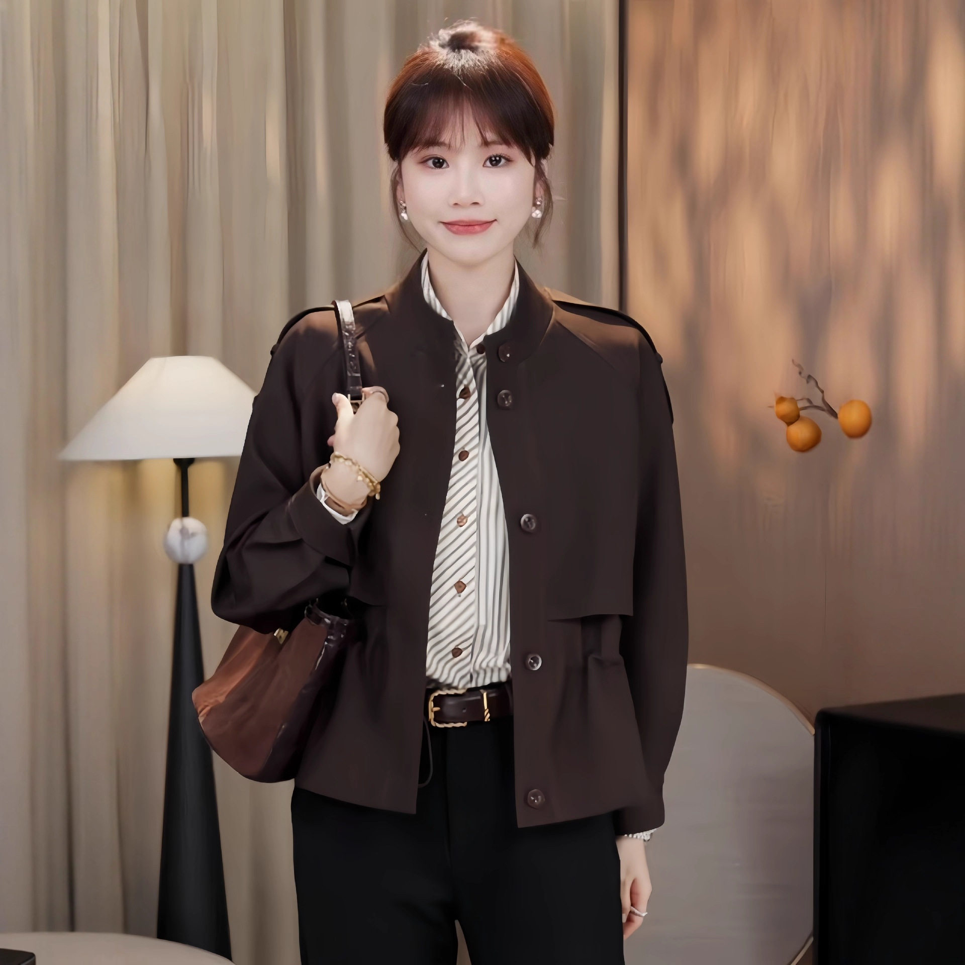 韩版黑色短款风衣外套女2025秋季新款小个子洋气收腰气质百搭外套