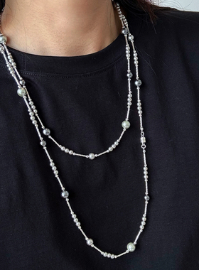 百搭长款灰色施家珍珠项链毛衣链