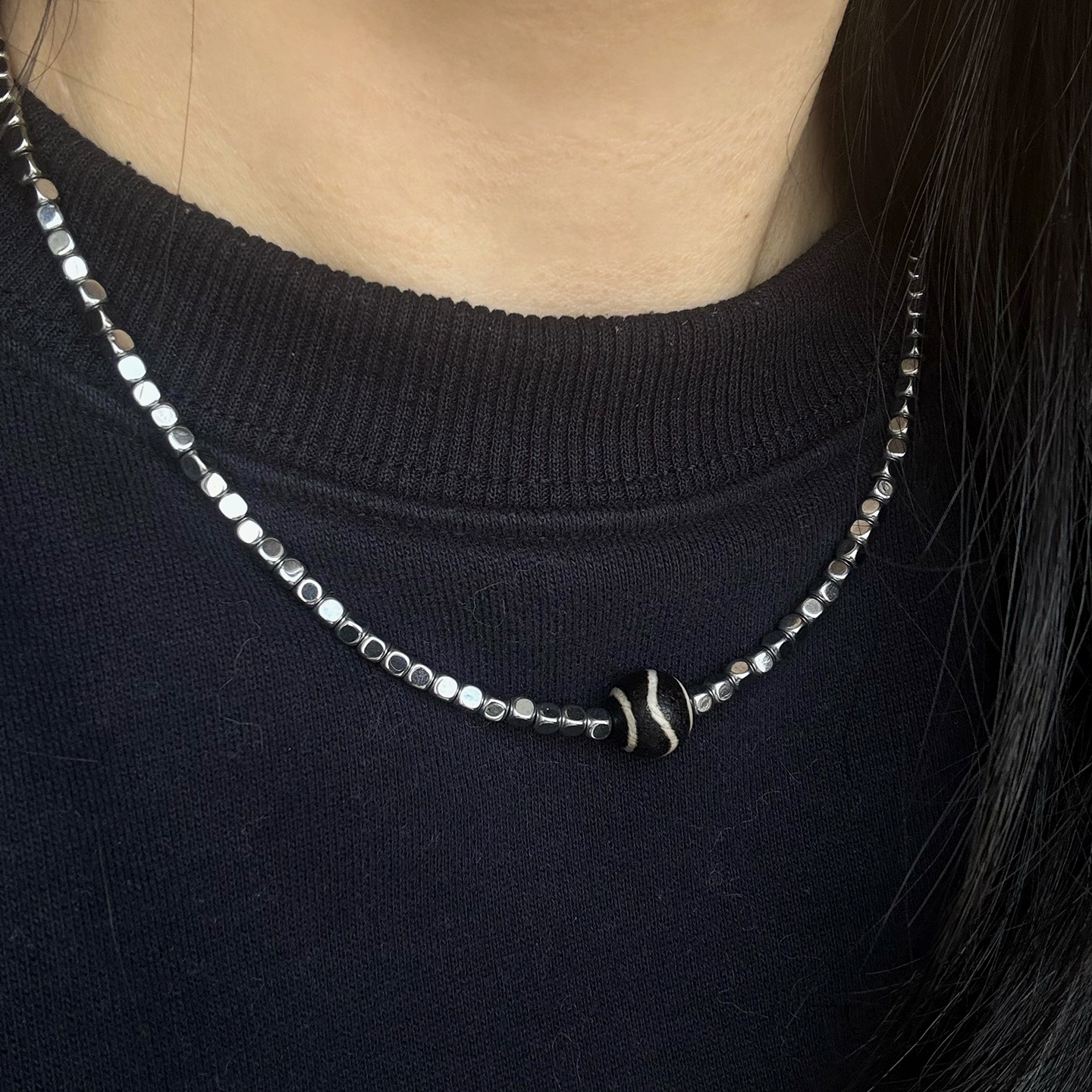 原创简约水纹天珠黑胆石串珠项链