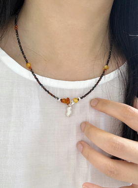 天然琥珀S925纯银好事花生项链