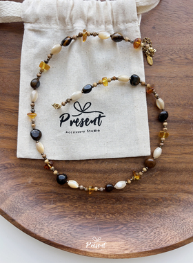 天然马蹄螺图画石虎眼石串珠项链