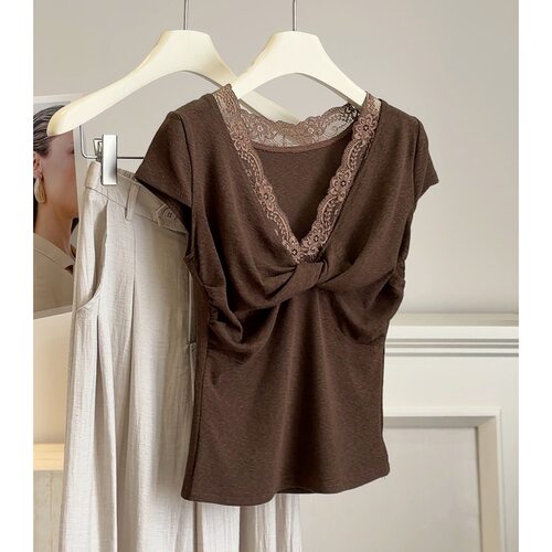 复古蕾丝拼接扭结短袖t恤女夏季