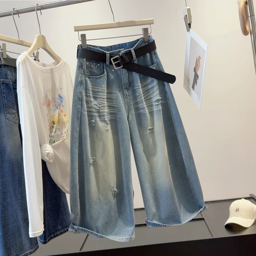 破洞牛仔阔腿裤女夏季新款高腰