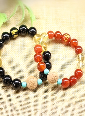 红玛瑙手链黄水晶手串桃木生肖