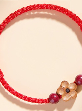 桃木梅花手串朱砂转运珠红绳手链