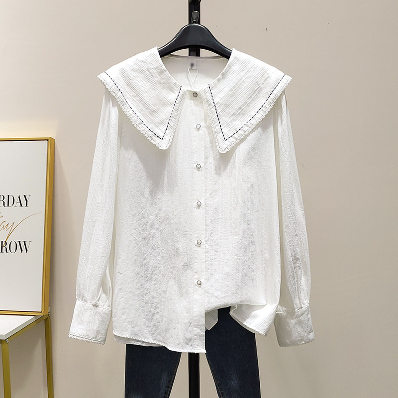 花边娃娃领甜美白色法式衬衫女
