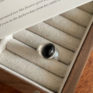 “黑色玛瑙”好质感纯银韩女氛围高级质感存在感个性造型椭圆戒指