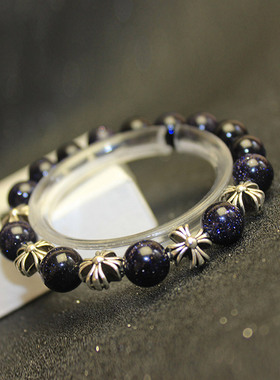 原创设计蓝金砂手工制十字架手链