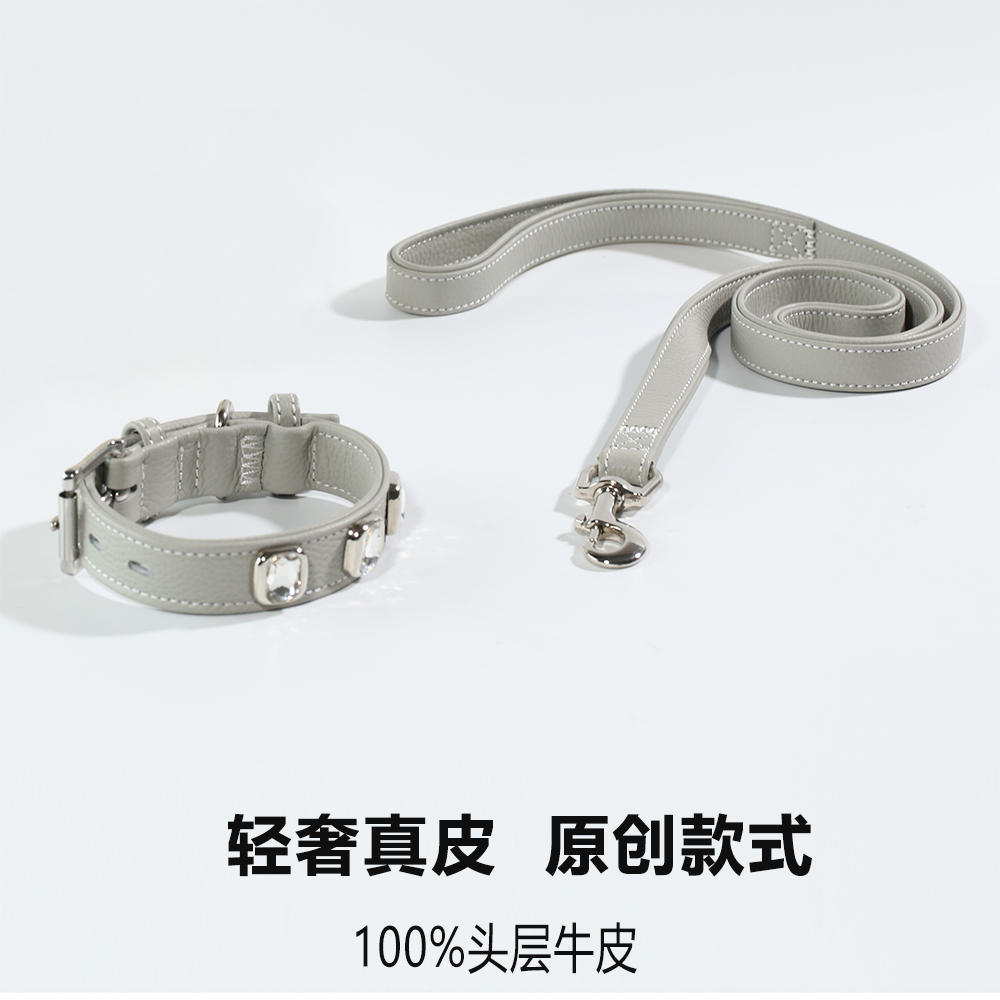 100%头层牛皮可调节狗项圈牵引绳