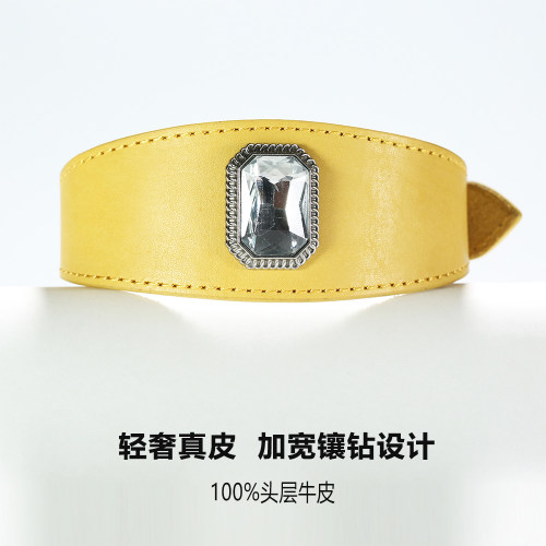 真皮可调节宠物项圈镶钻加宽颈圈