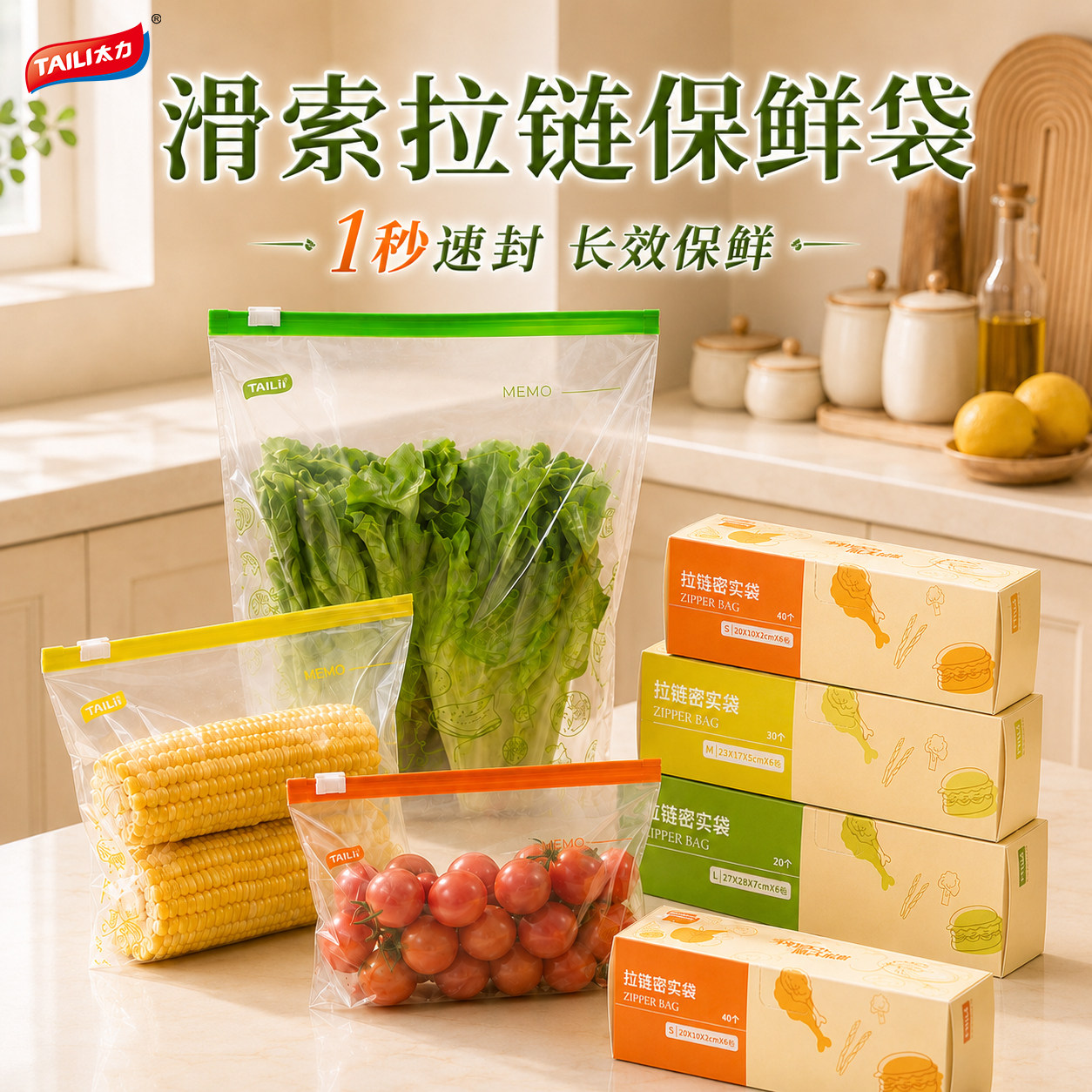 太力拉链式保鲜袋加厚食品级家用冰箱专用密封袋带封口食物密实袋