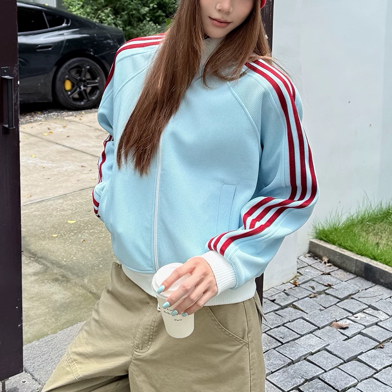 特大码秋季新款长袖运动时尚休闲华夫格秋款开衫情侣多巴胺卫衣潮