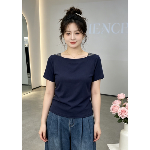 夏季时尚新款大码百搭短袖T恤女胖mm一字领百搭遮肉显瘦正肩上衣
