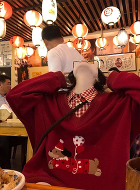 时尚百搭红色加绒宽松polo领卫衣大码300斤刺绣腊肠狗洋气上衣