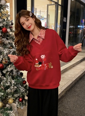 甜美百搭加绒宽松卫衣女大码时尚新款冬季洋气圣诞红色个性上衣