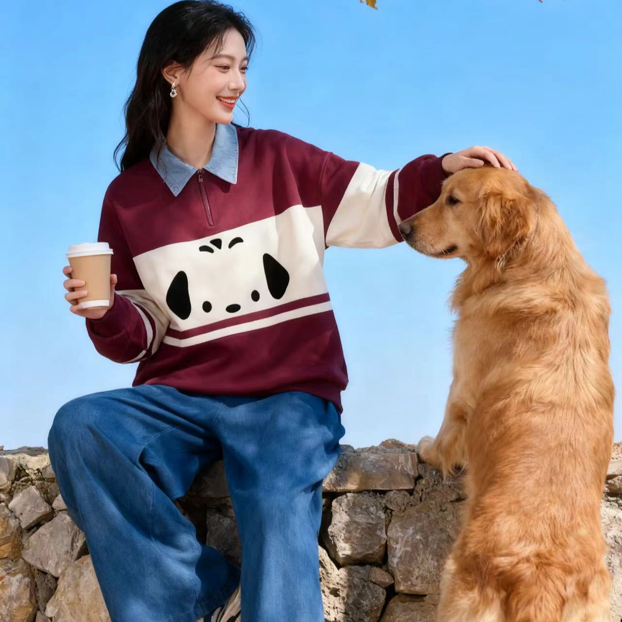 大码印花狗狗时尚撞色卫衣女秋冬季vintage新款加绒polo领外套